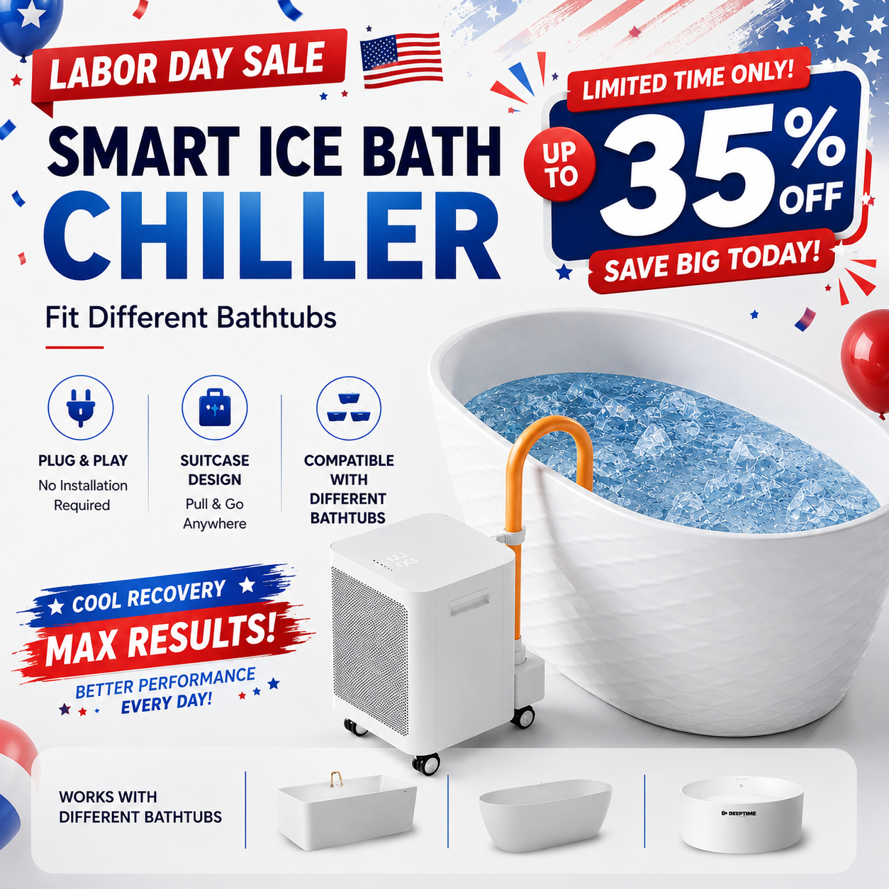 Deeptime Smart Ice Bath Chiller for cold plunge tubs and ice baths, plug-and-play chiller compatible with different bathtubs, 35% off